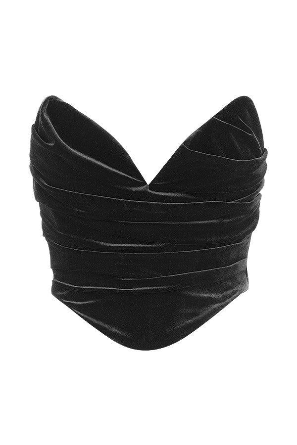 Black velvet draped twisted corset