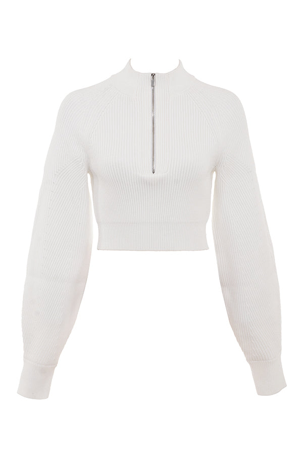White ribbed sweater with balloon sleeves and cargo skirt