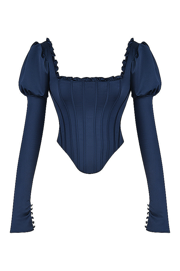 Navy blue corset with puff sleeves and satin maxi skirt with bias cut