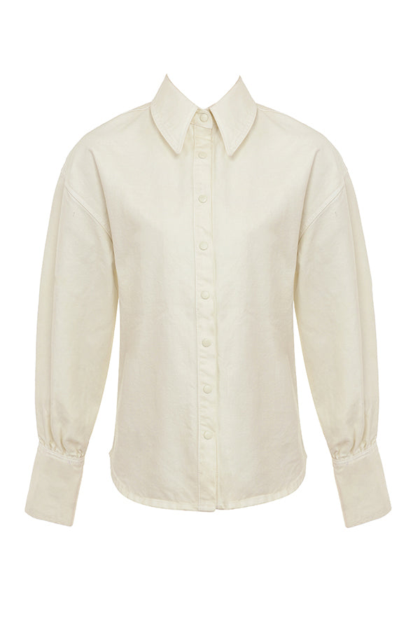 Ivory denim shirt with flared wide leg jeans