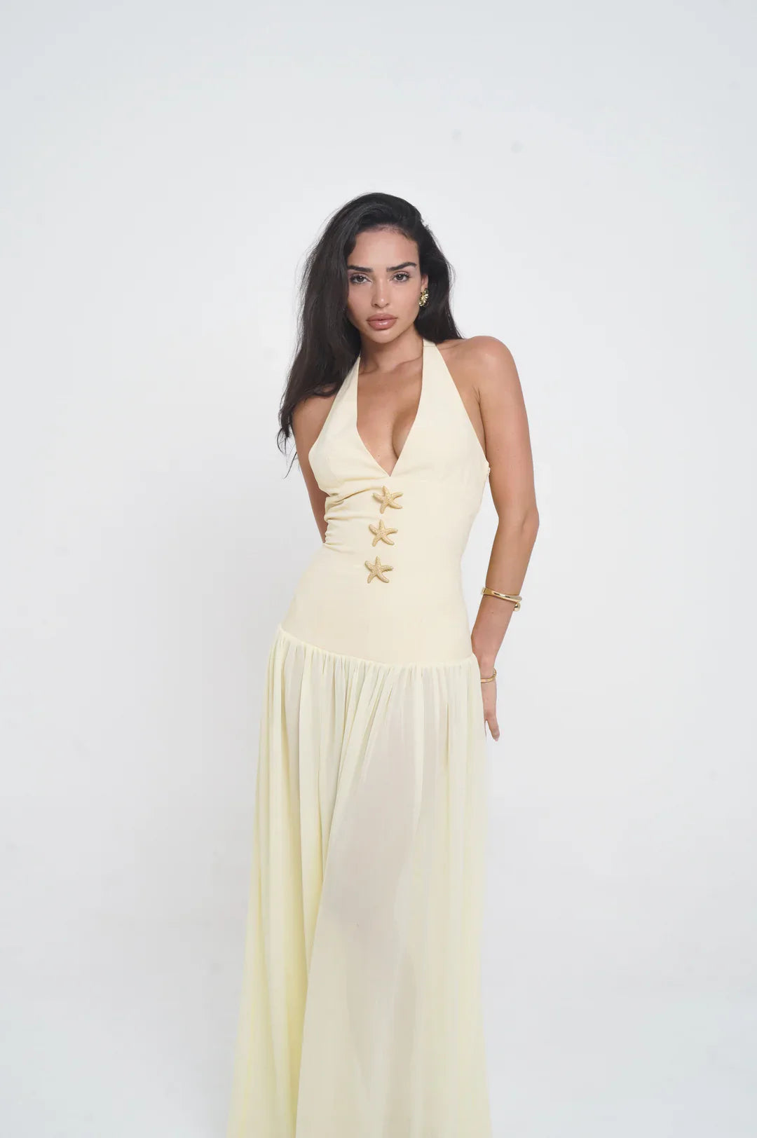 Halter Neck Lace Dress In Beige WIth Starfish Design