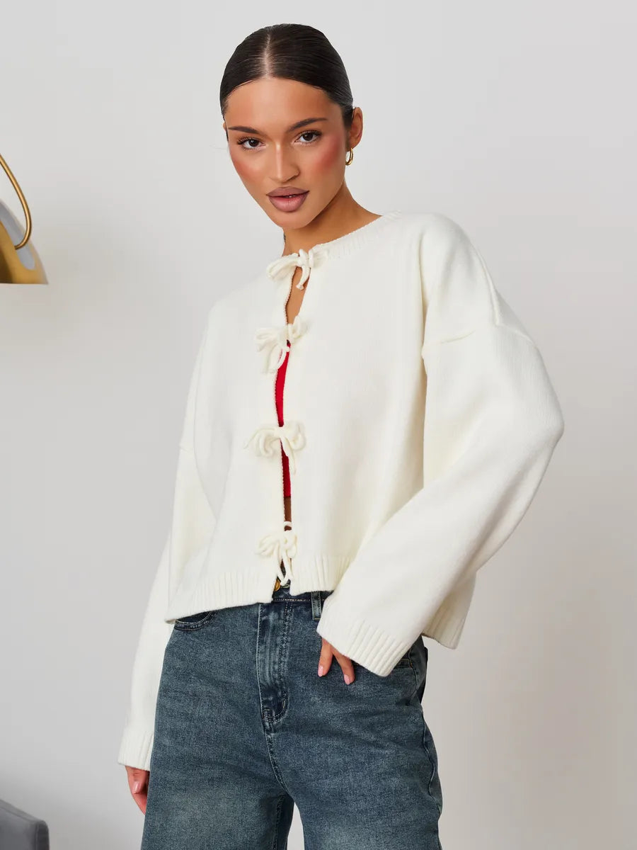 Loose Cardigan With Ribbon Buttons