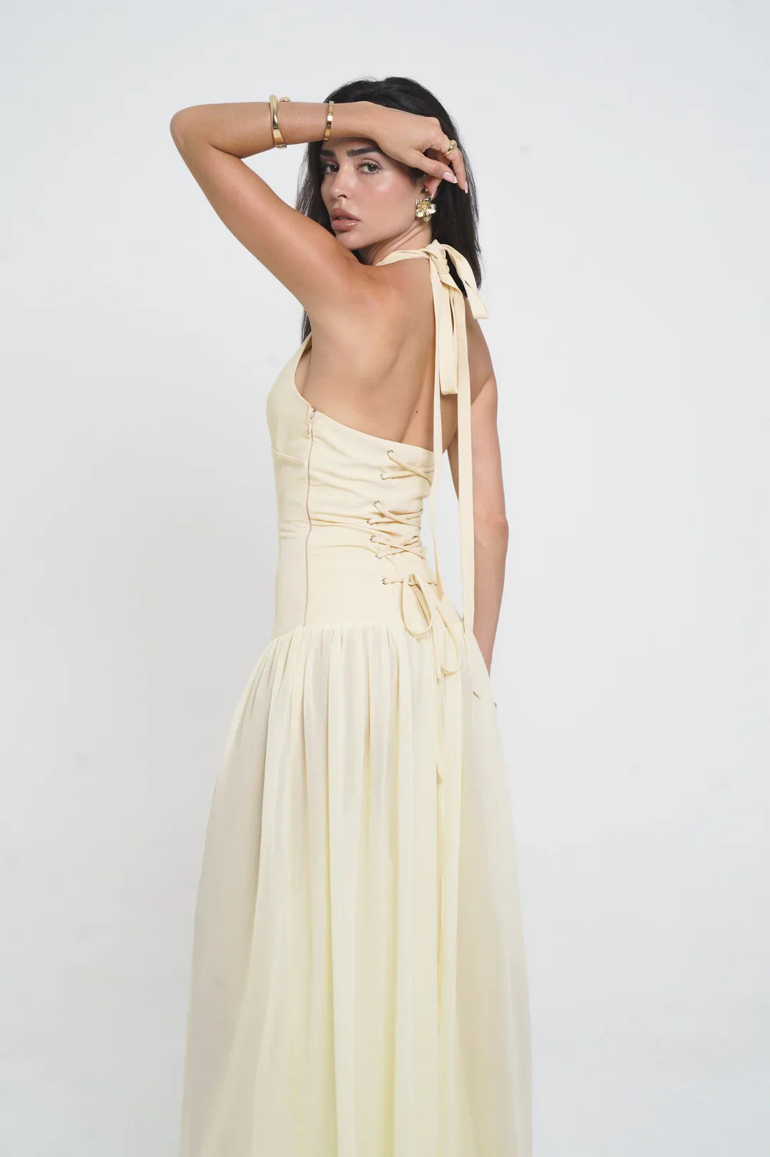 Halter Neck Lace Dress In Beige WIth Starfish Design