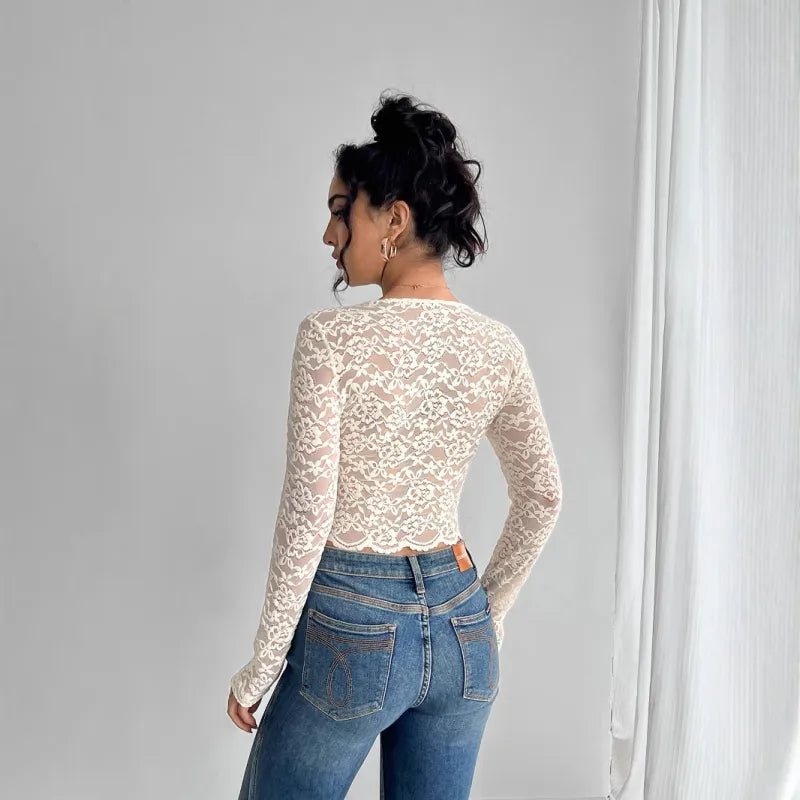 V-Neck Lace Top In Beige