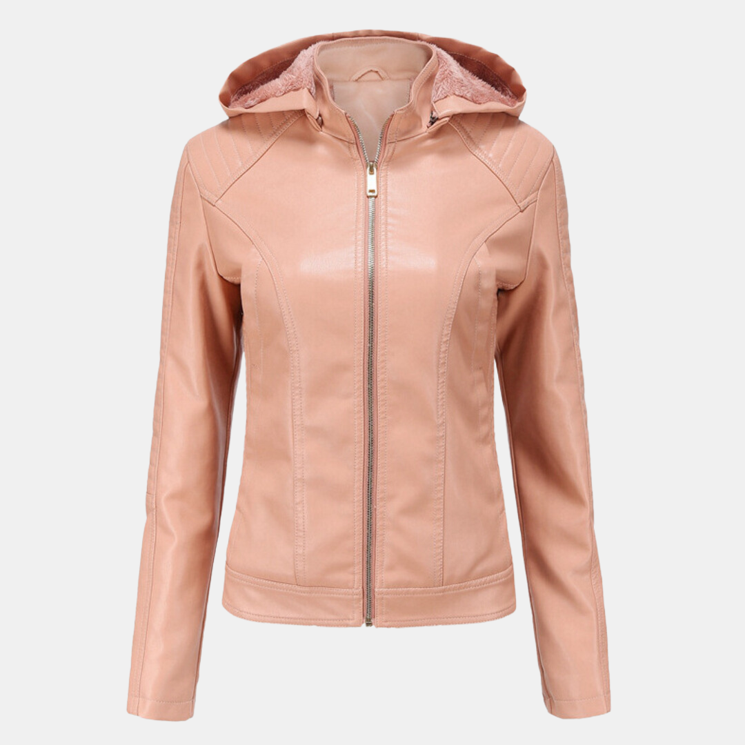 Women's leather jacket with hood