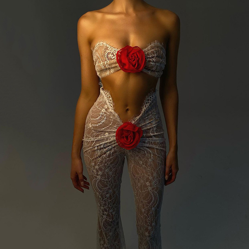 Transparent jumpsuit with lace neckline