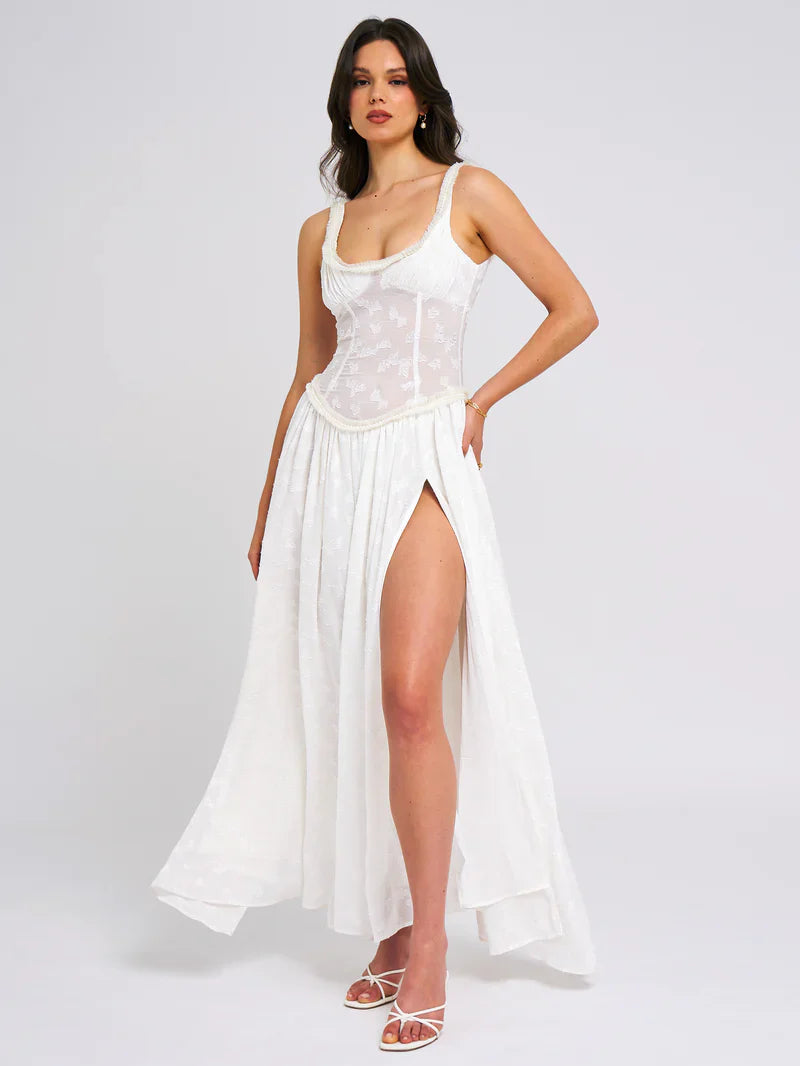 Square Neck Jacquard Textured High Slit Maxi Dress
