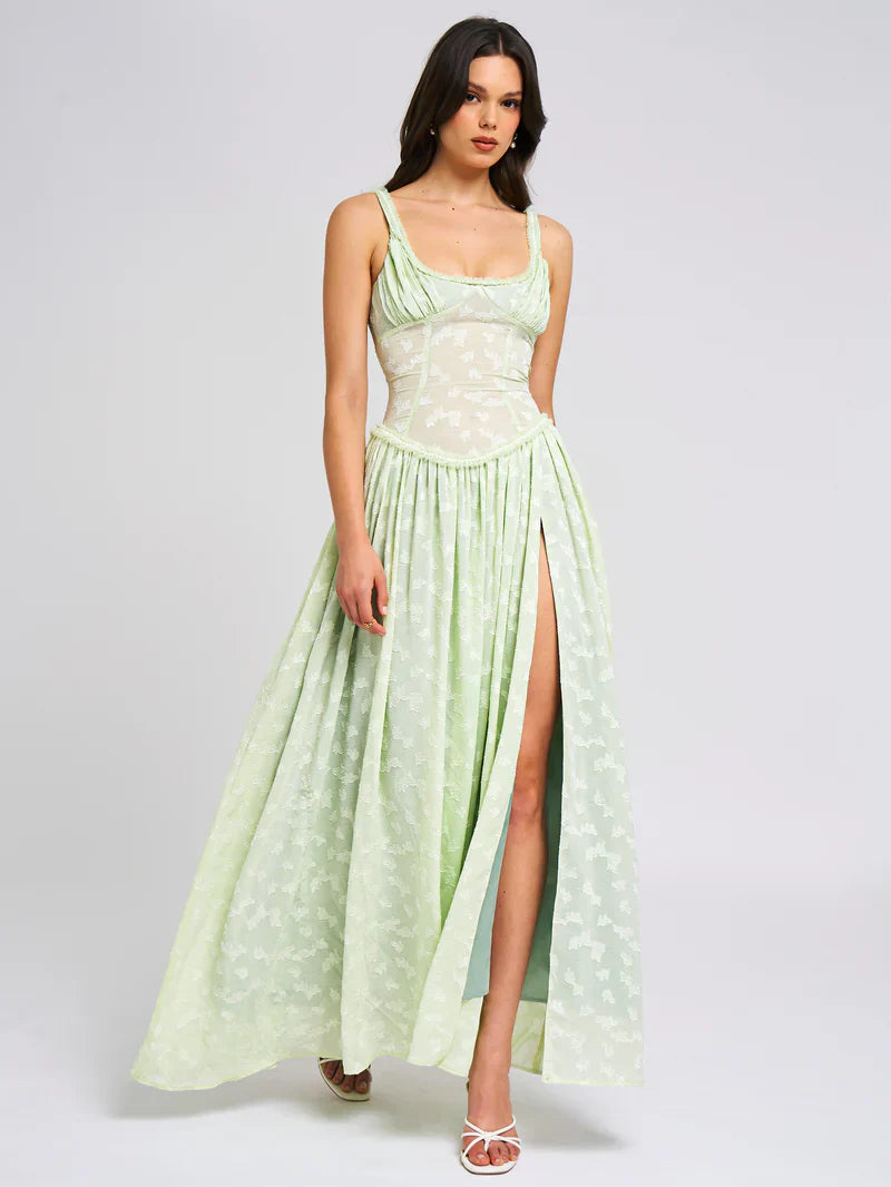 Square Neck Jacquard Textured High Slit Maxi Dress