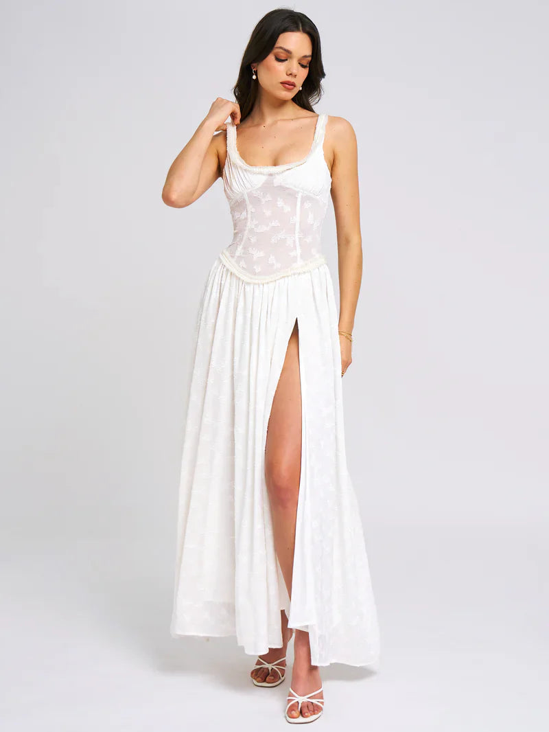 Square Neck Jacquard Textured High Slit Maxi Dress