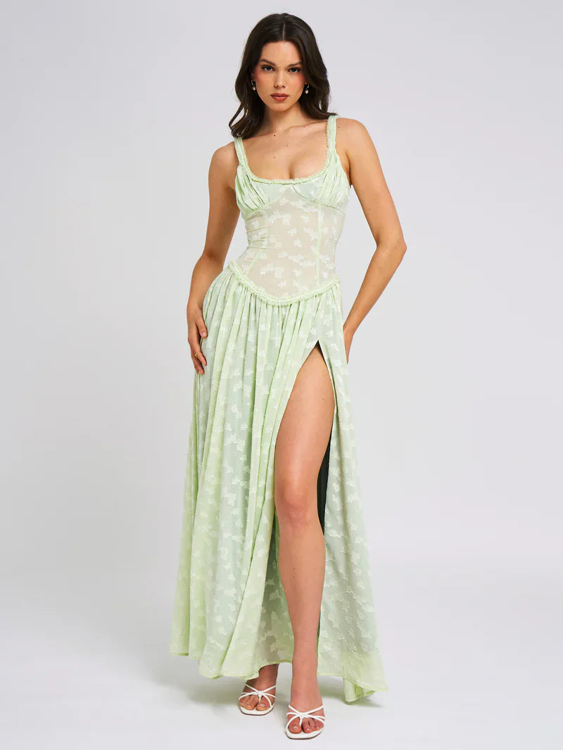 Square Neck Jacquard Textured High Slit Maxi Dress