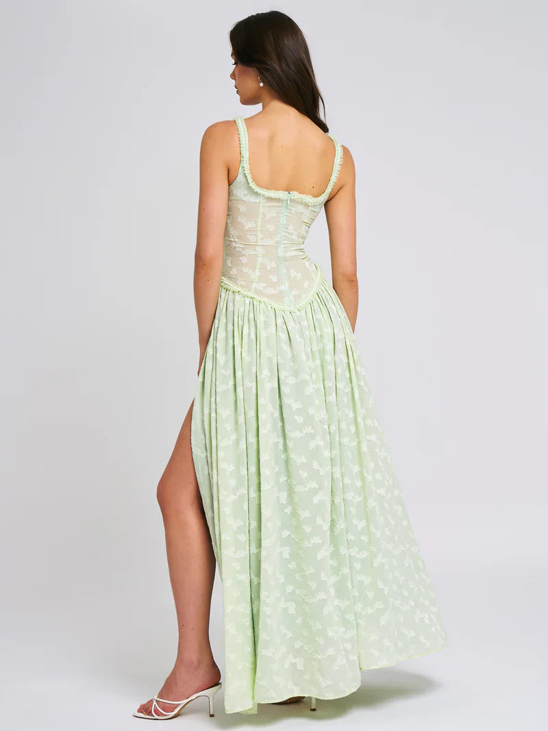 Square Neck Jacquard Textured High Slit Maxi Dress