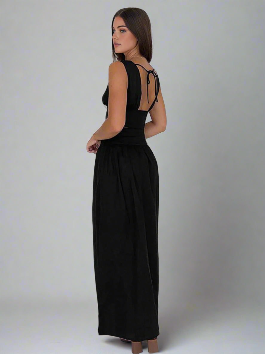 Black V-neck Top and Loose Skirt Set