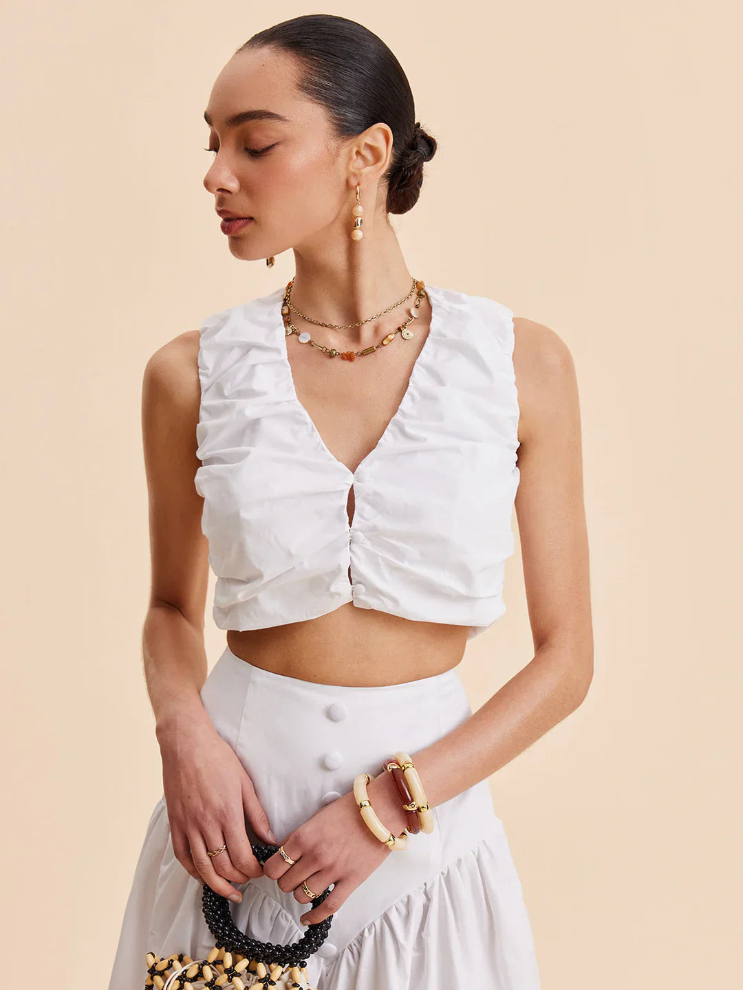 Chic Pleated Crop Top and Chic Buttoned Skirt Set