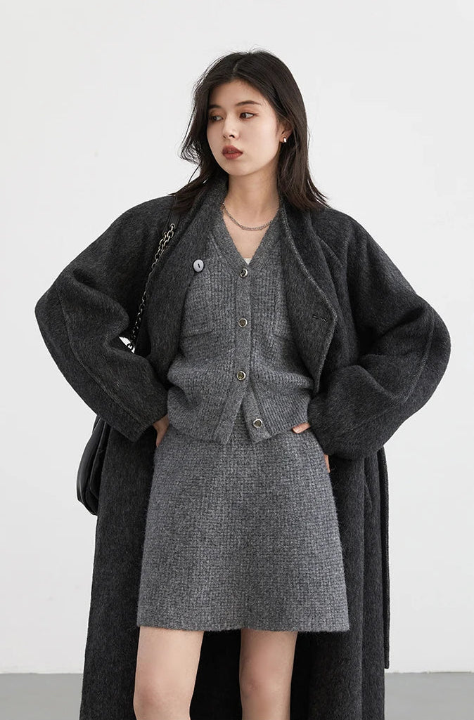Knitted Gray Cardigan And Skirt Set