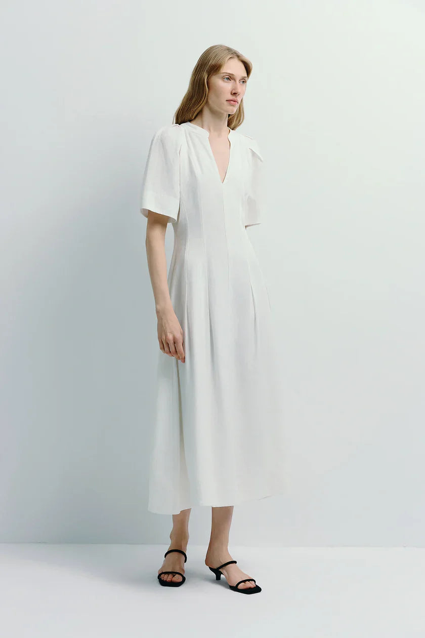 Pleated Sleeve White Maxi Dress