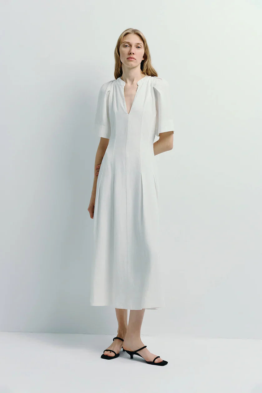 Pleated Sleeve White Maxi Dress