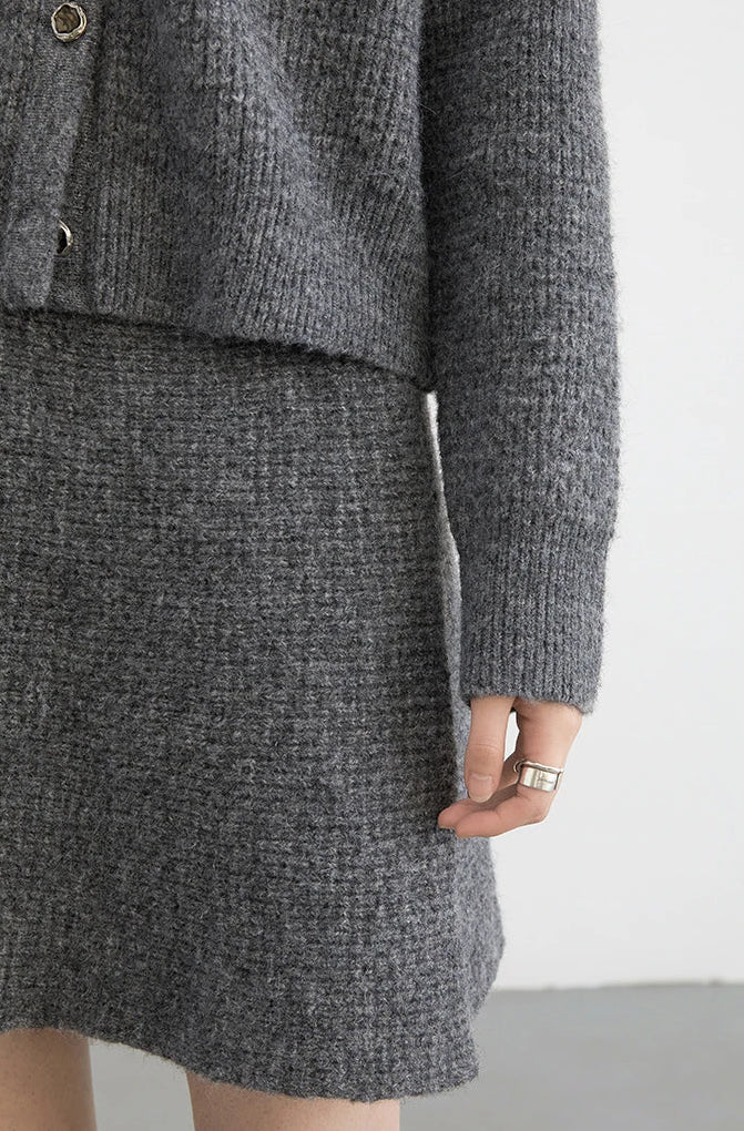 Knitted Gray Cardigan And Skirt Set