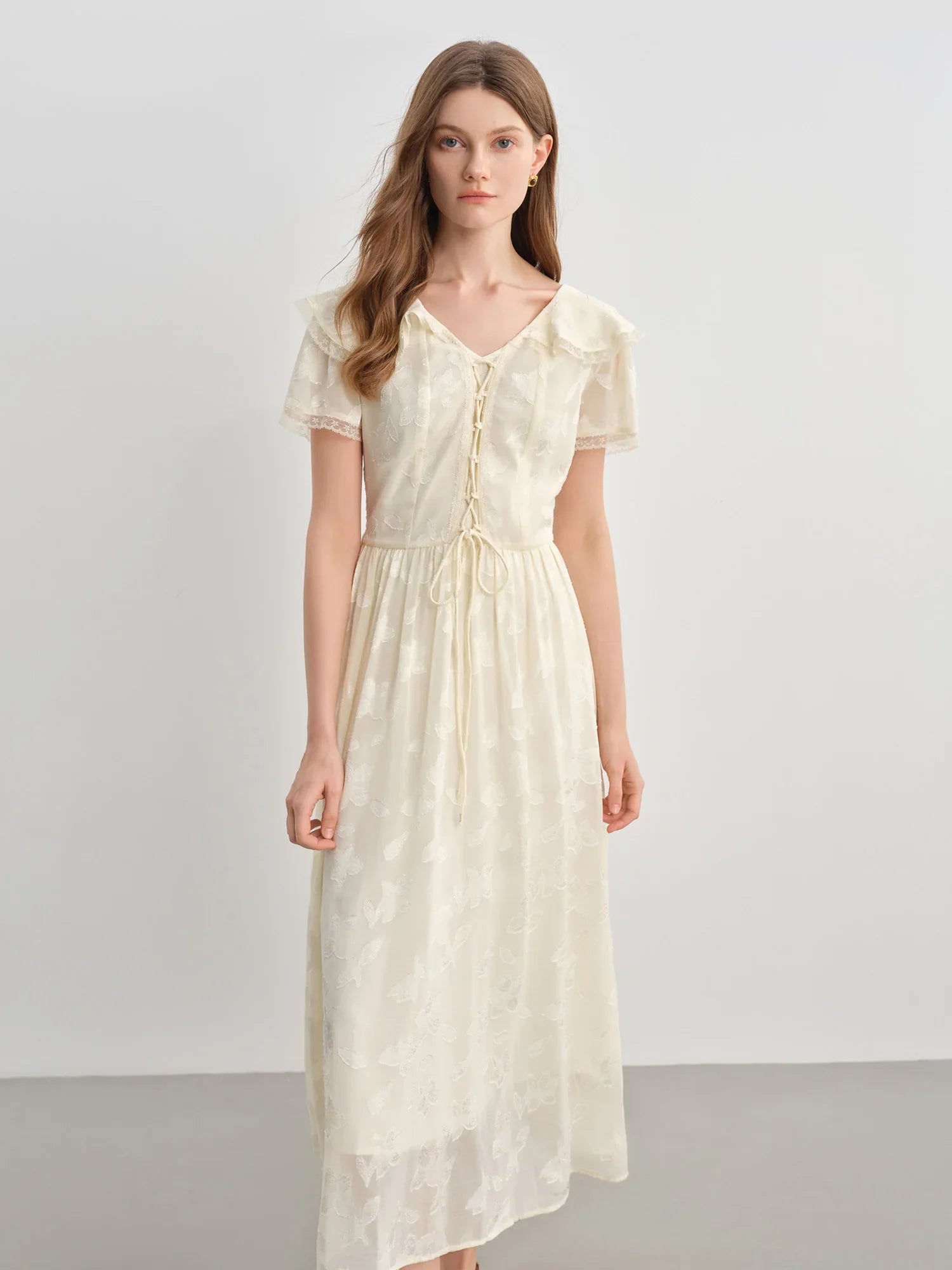 Elegant Ruffled Collar Jacquard V-Neck Yellow Midi Dress