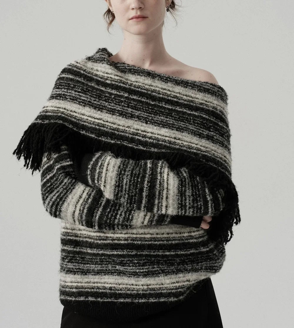 Off Shoulder Contrast Striped Sweater