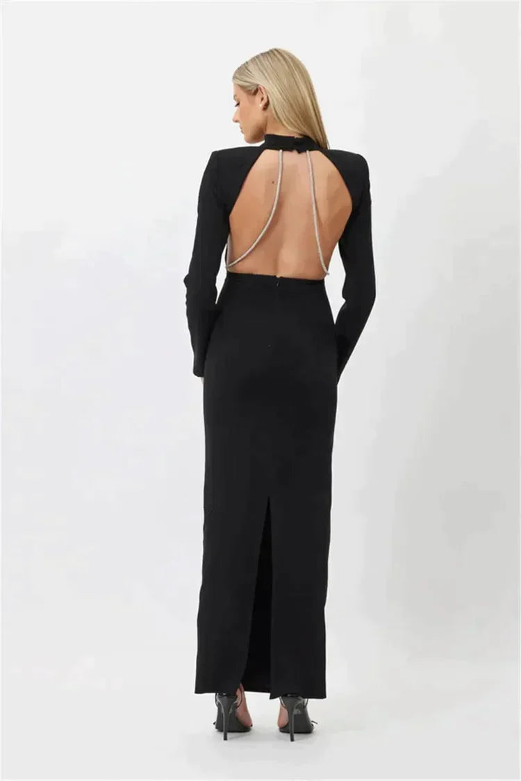 Long dress without slit, long sleeves and rhinestones