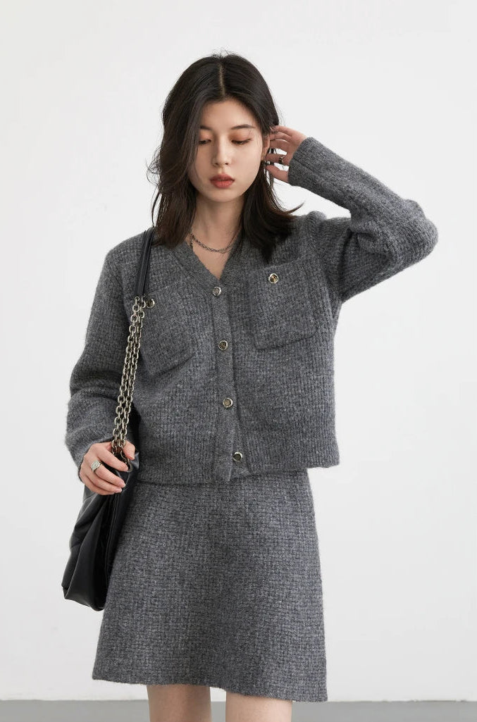 Knitted Gray Cardigan And Skirt Set