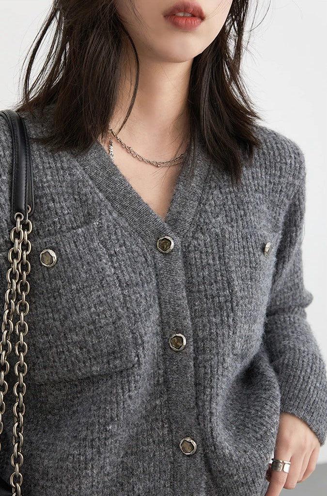 Knitted Gray Cardigan And Skirt Set