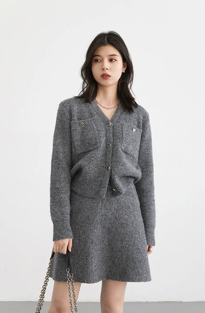 Knitted Gray Cardigan And Skirt Set