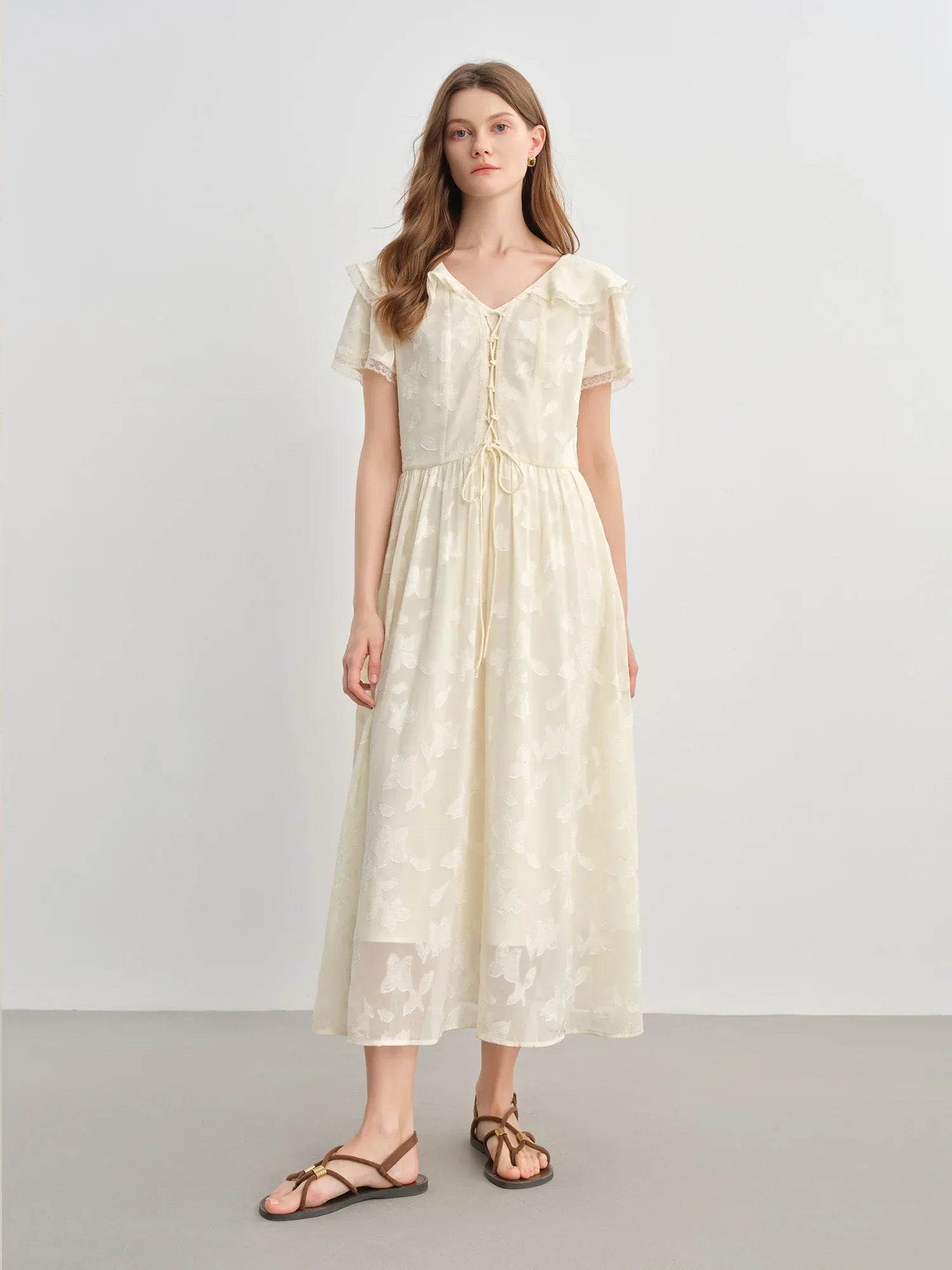 Elegant Ruffled Collar Jacquard V-Neck Yellow Midi Dress