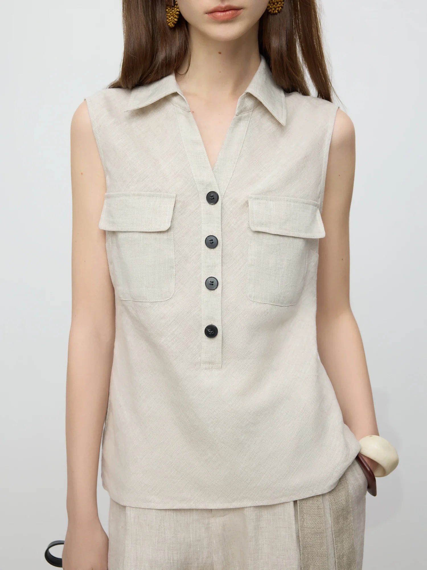 Sleeveless Linen Beige Top and Pants Set