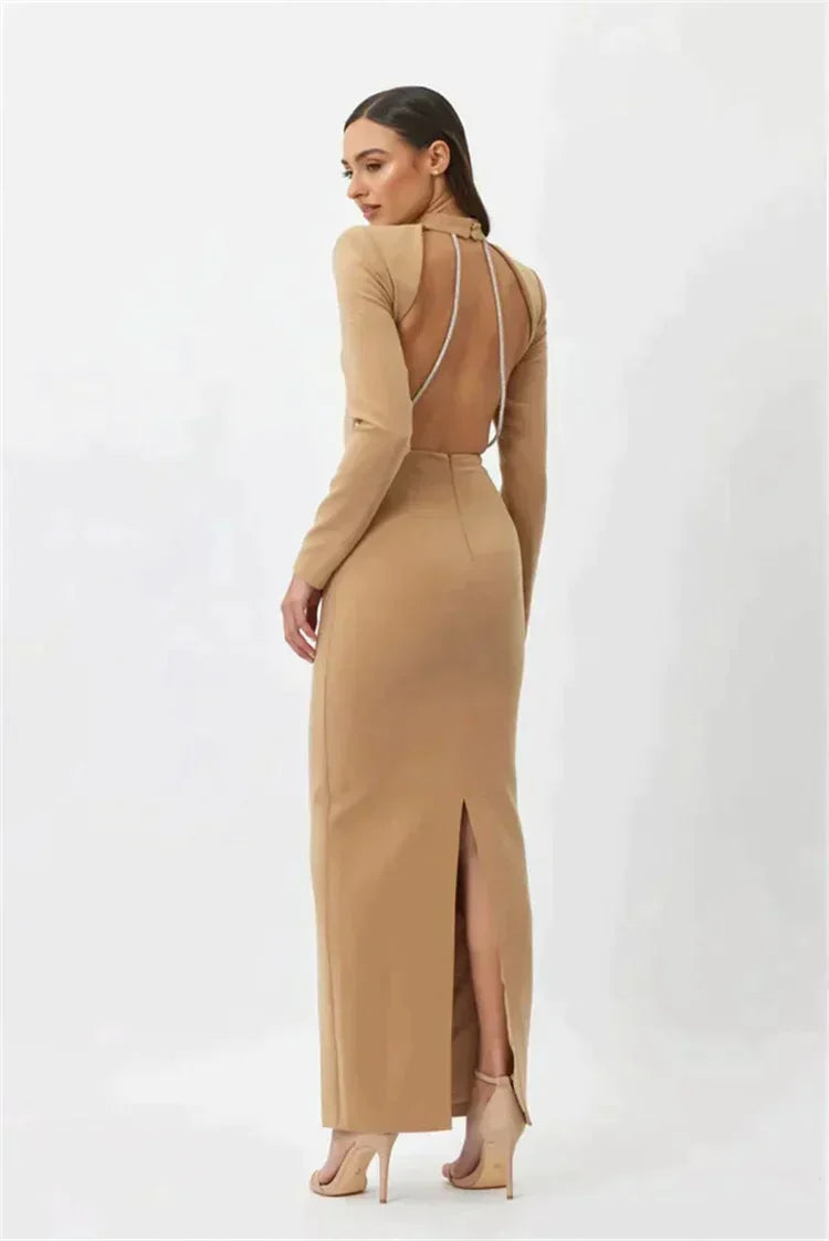 Long dress without slit, long sleeves and rhinestones