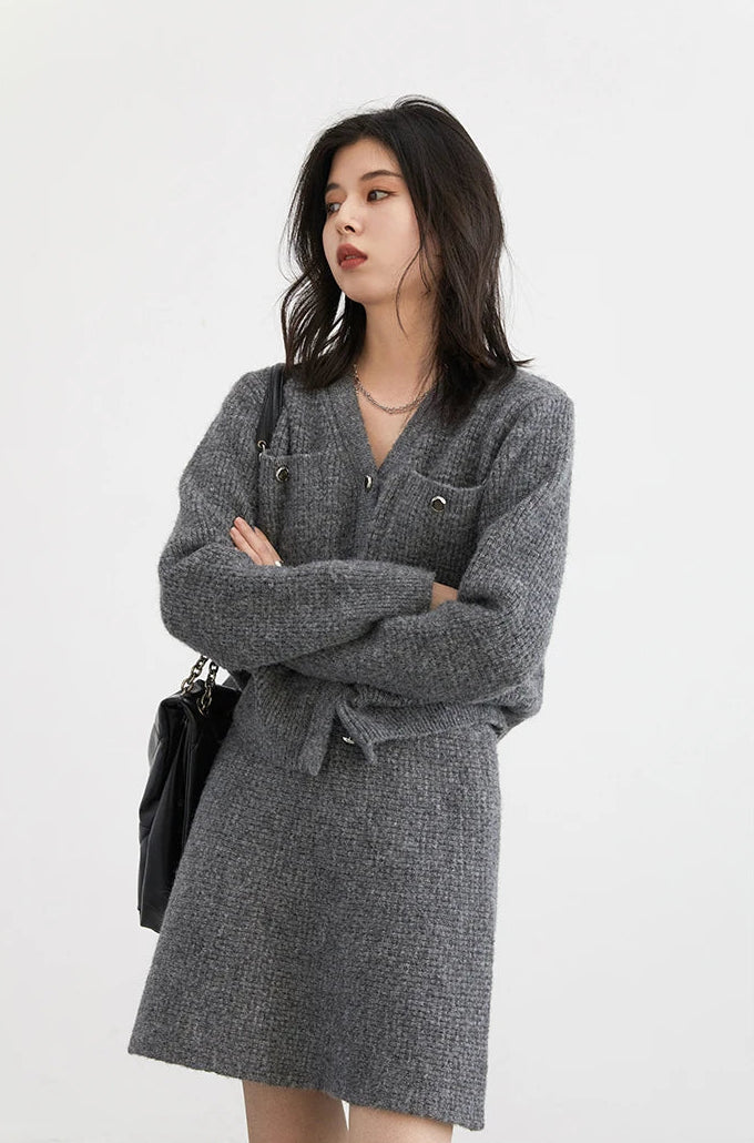 Knitted Gray Cardigan And Skirt Set