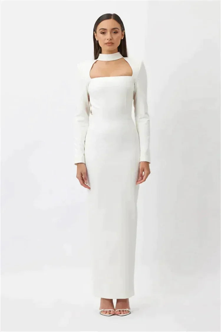 Long dress without slit, long sleeves and rhinestones
