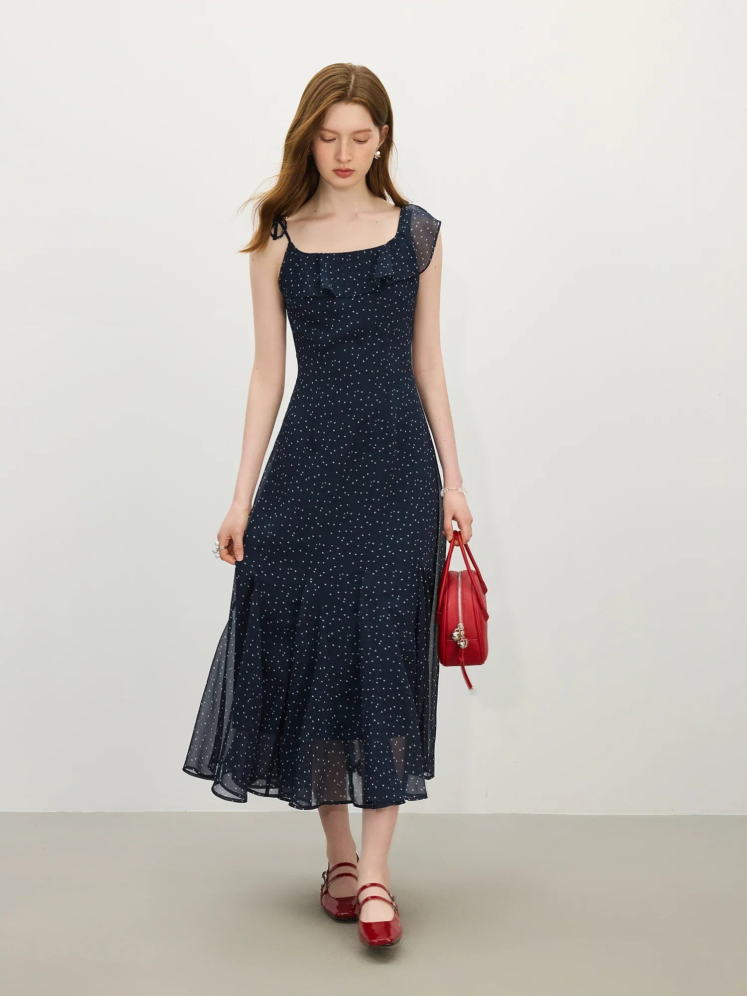 Navy Chiffon Ruffled Strapless Midi Dress