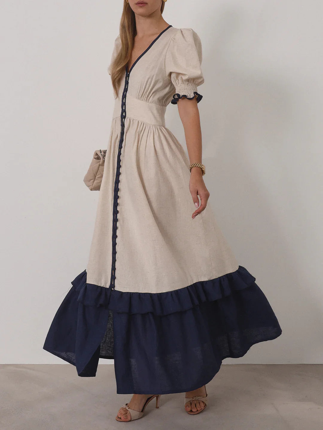 Contemporary Contrast Linen Maxi Dress