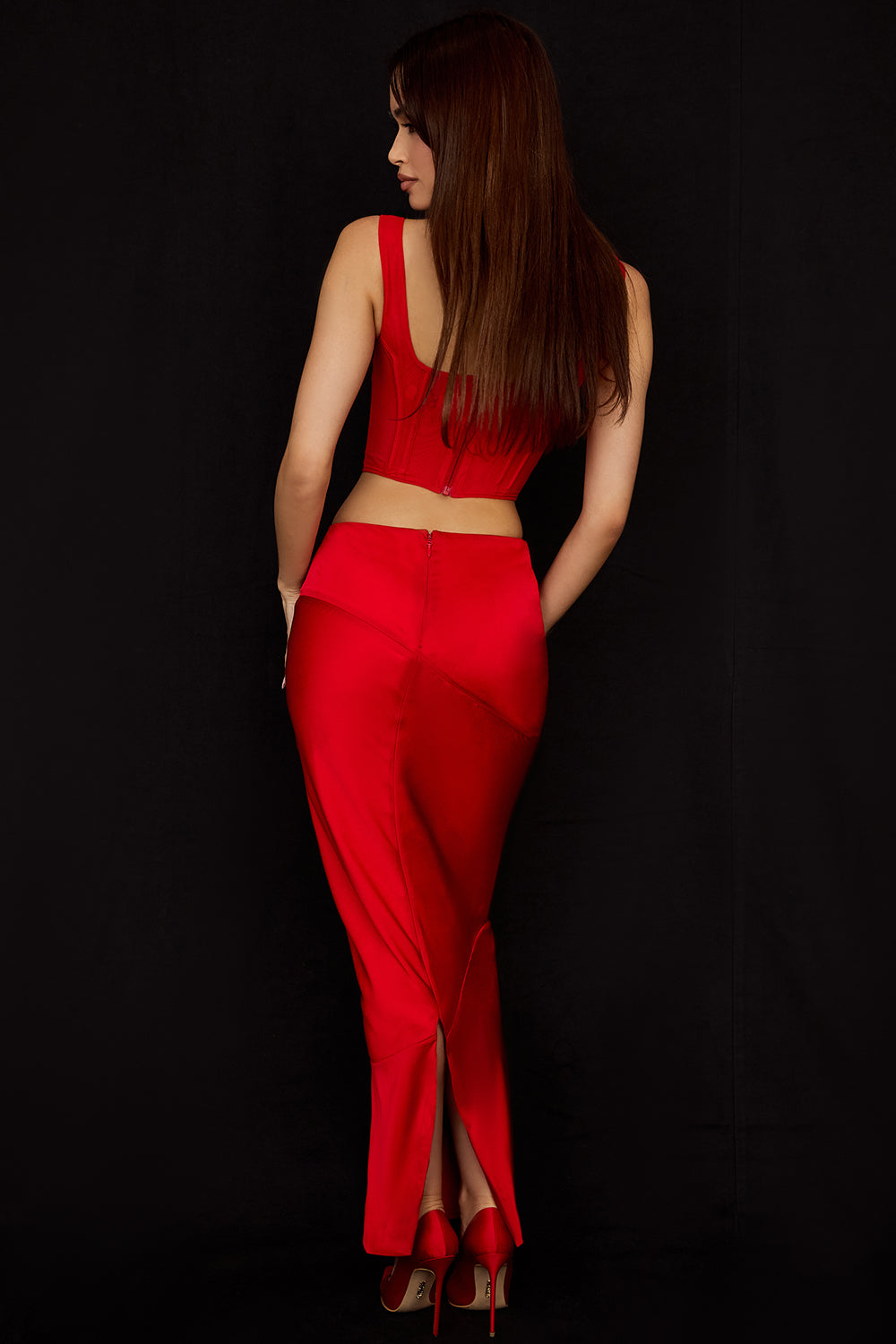 Mesh corset with satin midi skirt with low waist