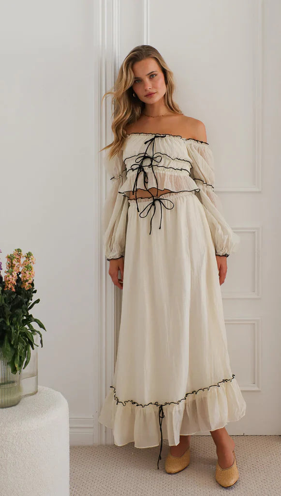 Summer Off-Neck Puff Long Sleeve Maxi Dress