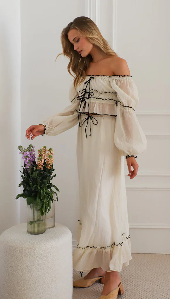 Summer Off-Neck Puff Long Sleeve Maxi Dress