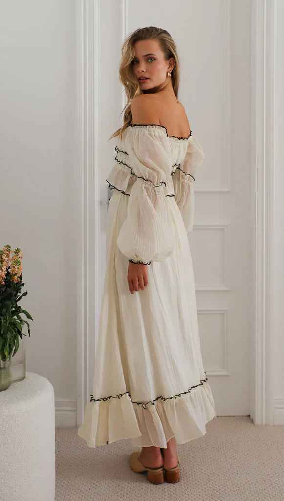 Summer Off-Neck Puff Long Sleeve Maxi Dress