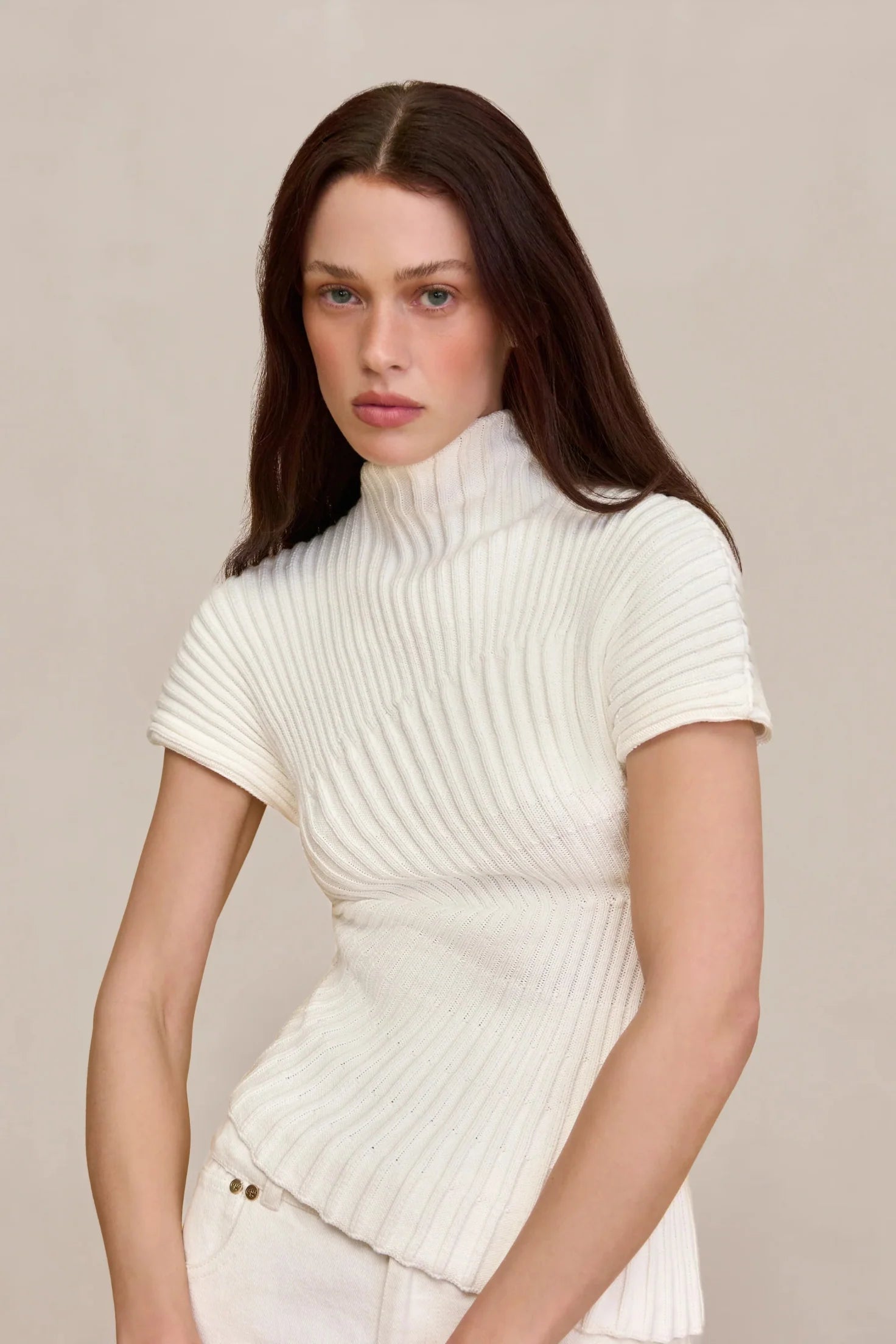 Striped Knit White Sweater With High Neck Collar