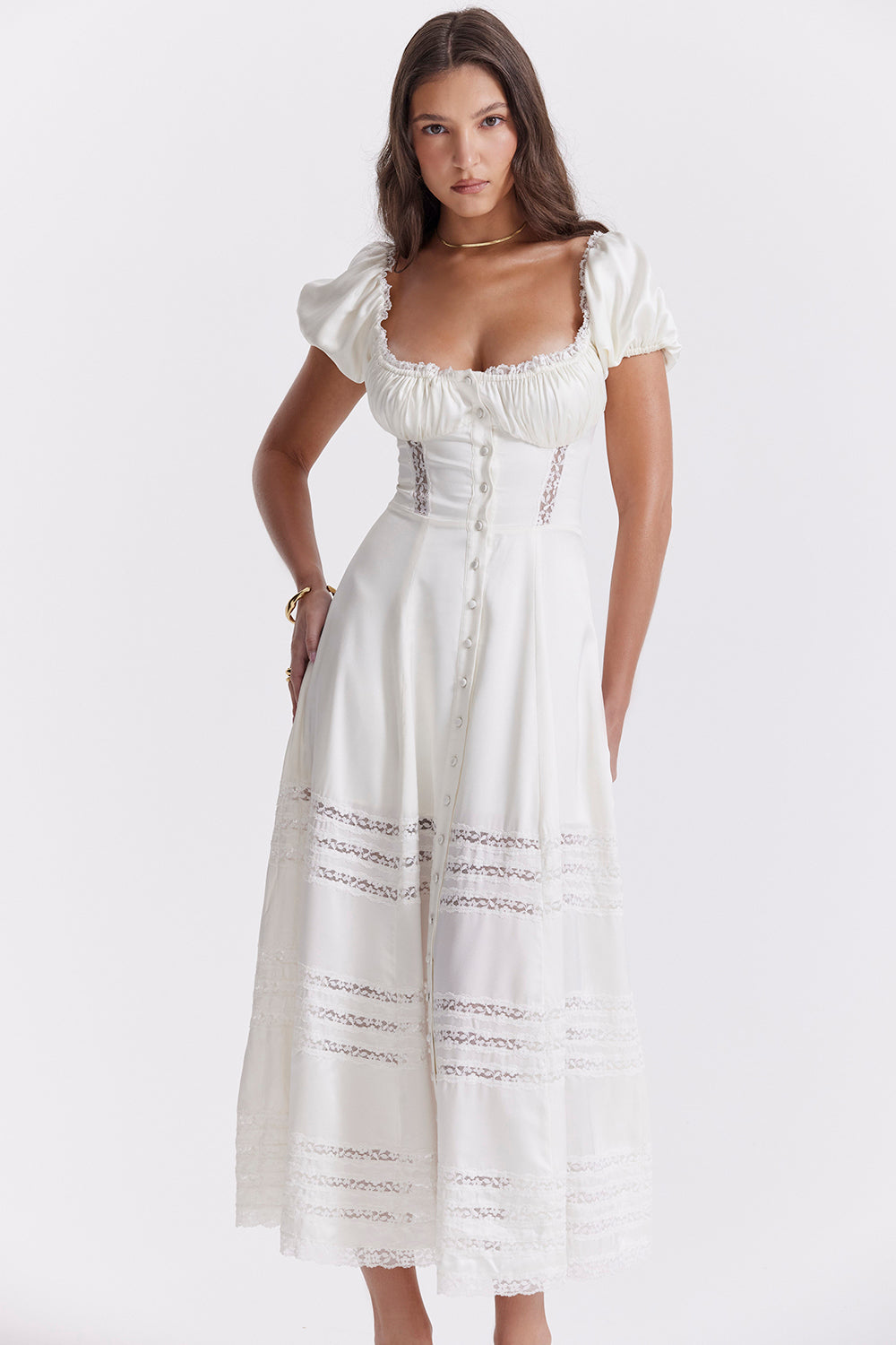 Ivory-colored dress made of real silk with puff sleeves