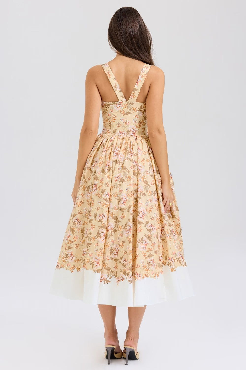 Flower Print Gathered Cotton Midi Dress
