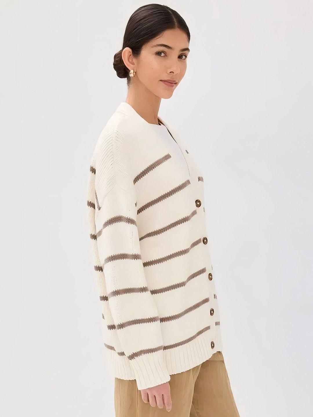 Striped V-Neck Loose Cardigan