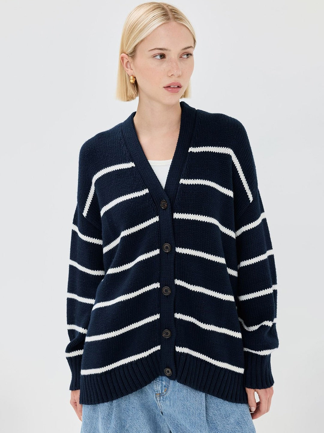 Striped V-Neck Loose Cardigan