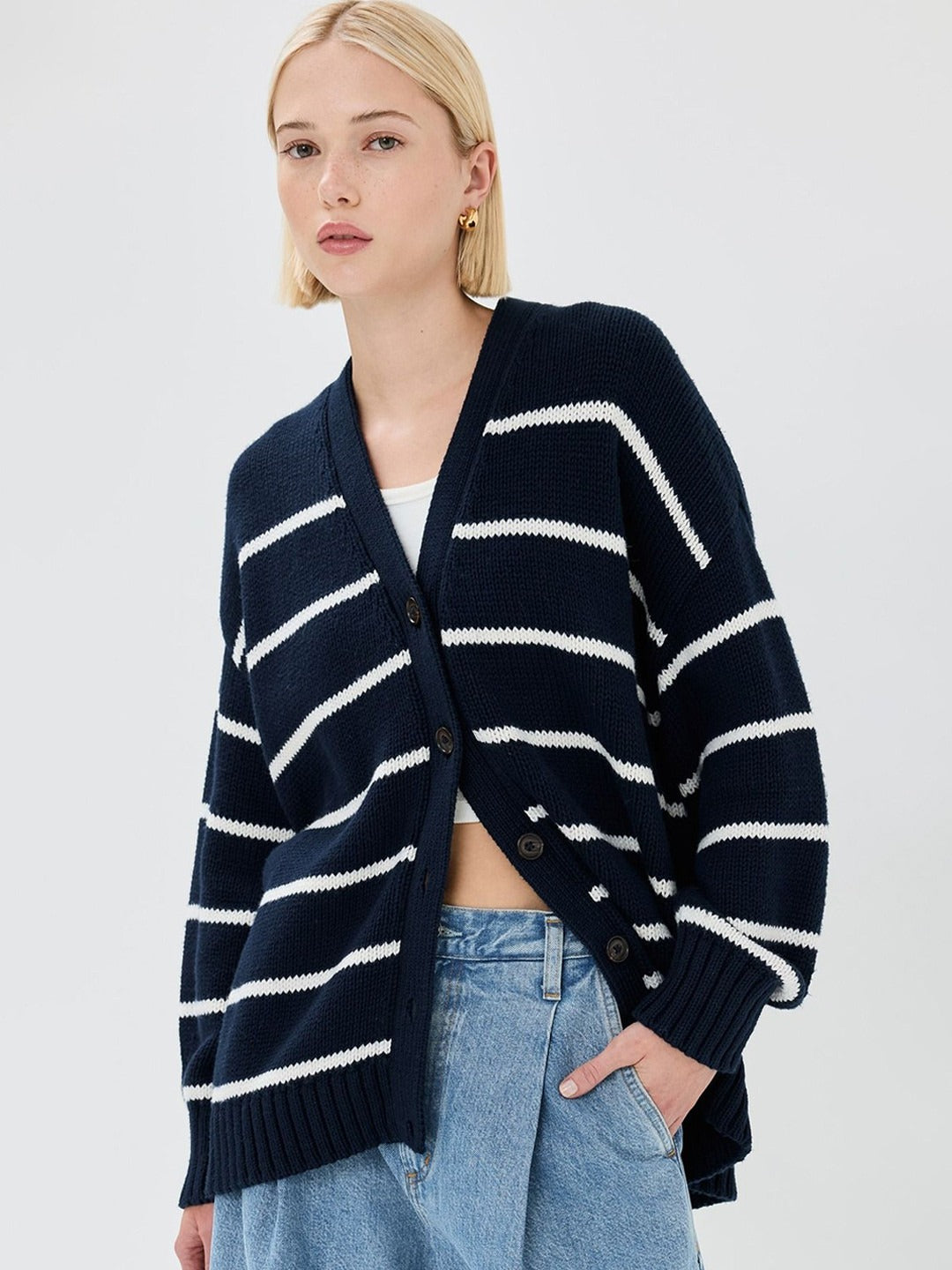 Striped V-Neck Loose Cardigan