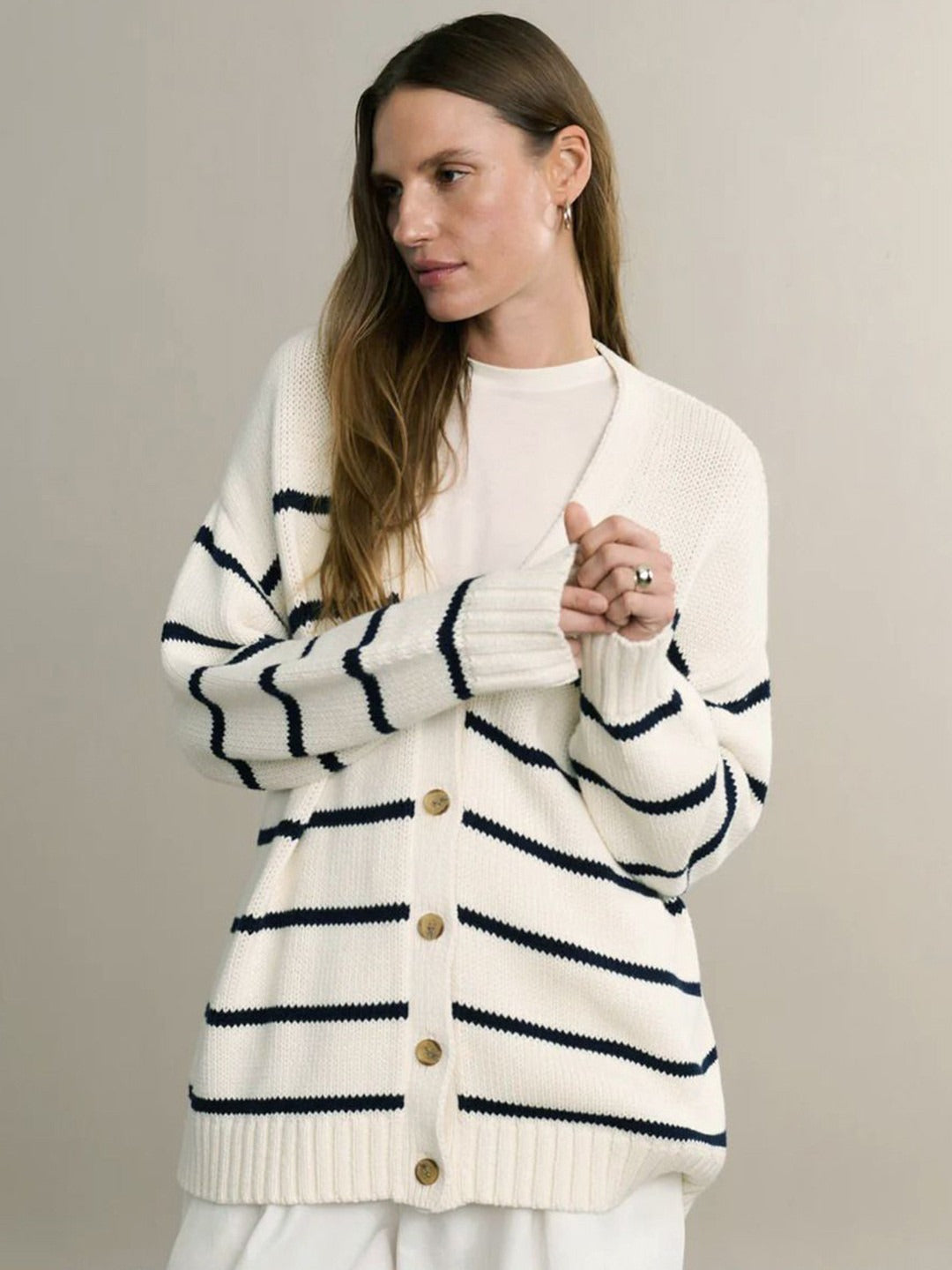 Striped V-Neck Loose Cardigan