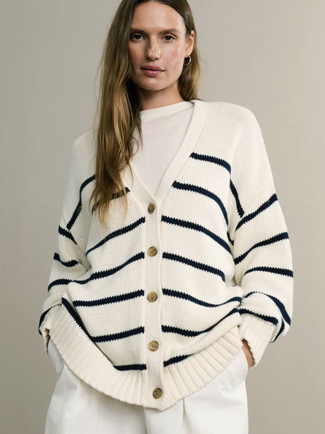 Striped V-Neck Loose Cardigan