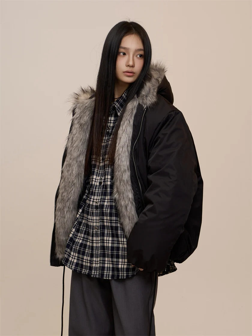 Black Jacket with Fur Hood And Zipper