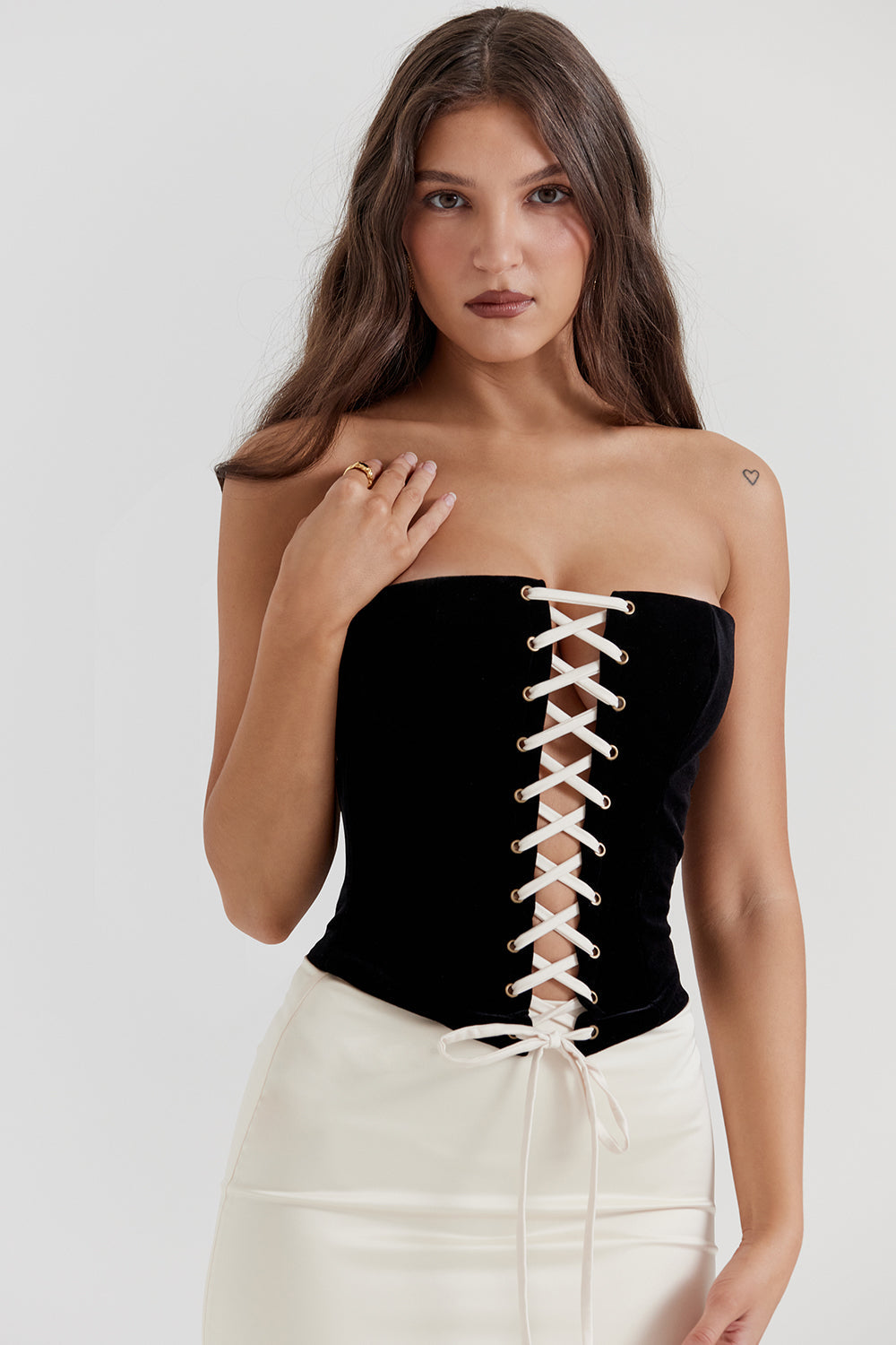 Black and vintage cream strapless corset dress