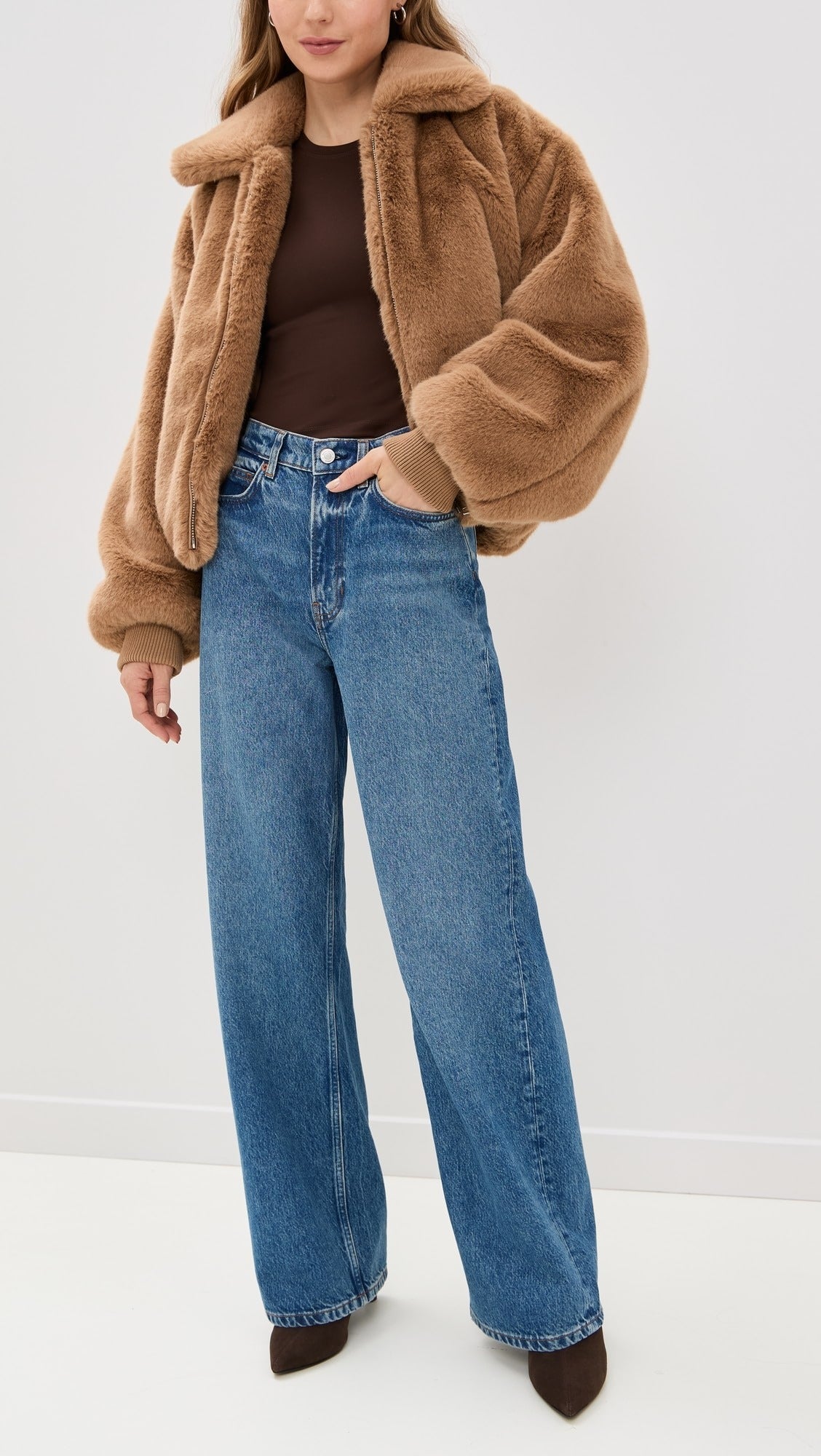 Fluffy Brown Jacket With Polo Collar And Zipper