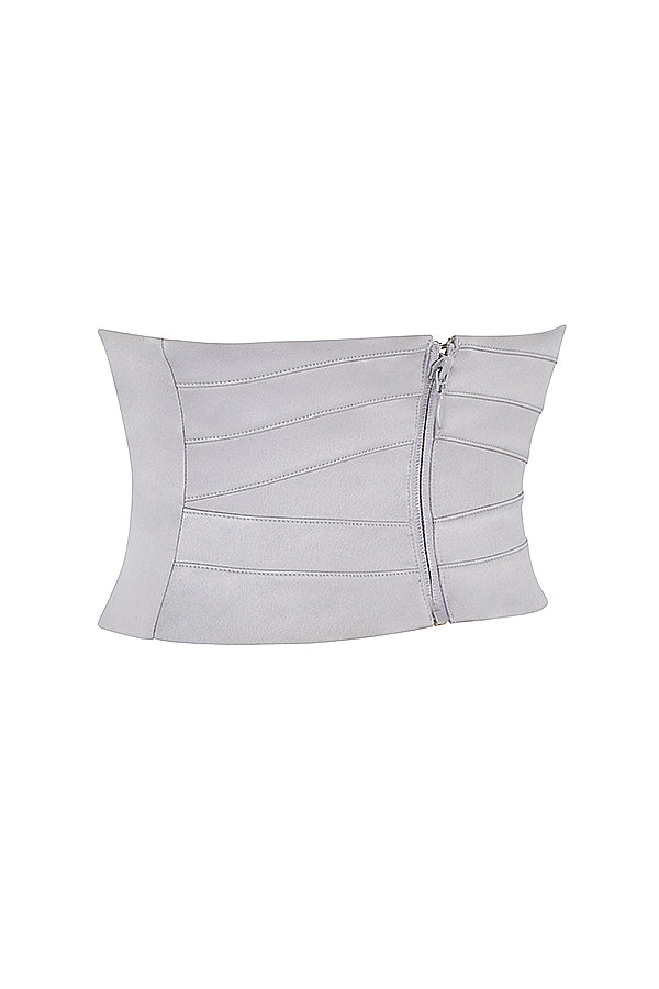Gray satin underbust corset with flowy maxi dress